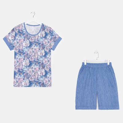 Пижамный комплект женский (футболка, шорты), цвет акварель/индиго, размер 46