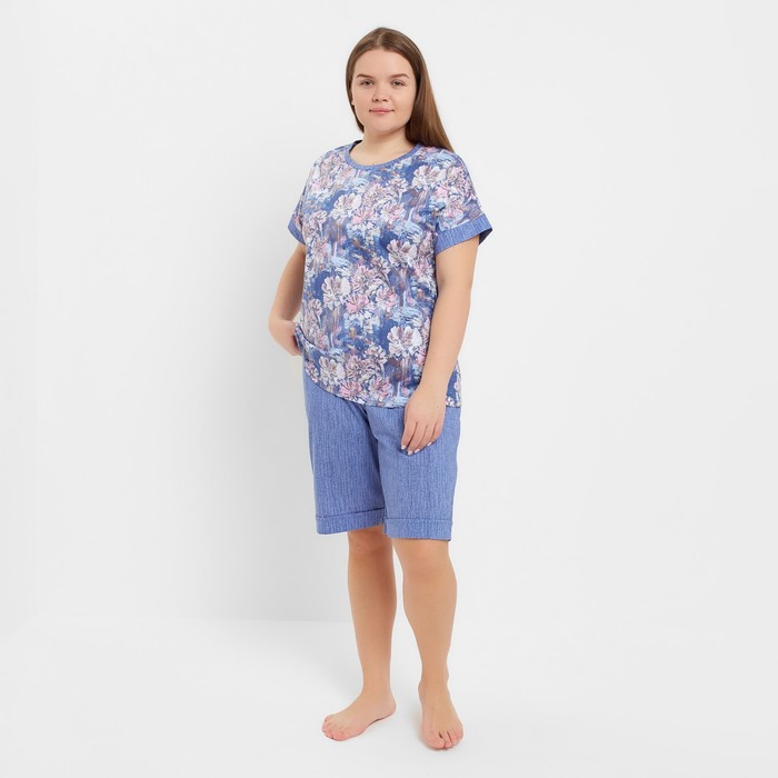 Пижамный комплект женский (футболка, шорты), цвет акварель/индиго, размер 60 - Фото 1