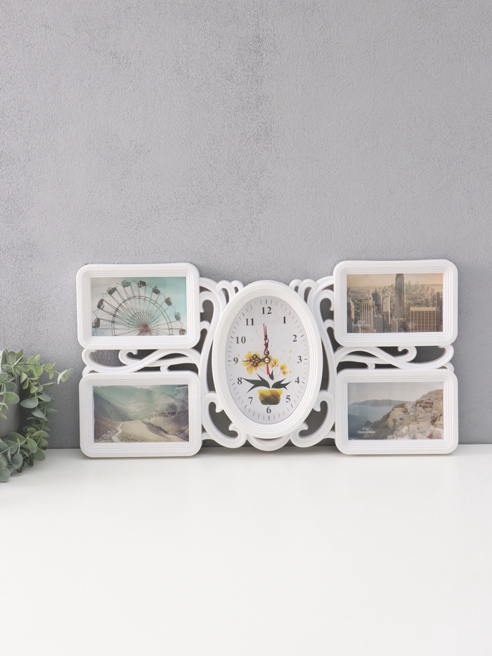 Фоторамка-коллаж с часами настенными «Цветок», бесшумные, 52×26 см, d=11×17 см - Фото 1