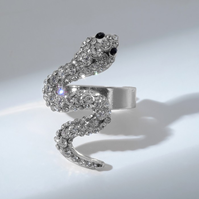 Кольцо «Змея» изогнутая, цвет чёрно-белый в серебре, безразмерное