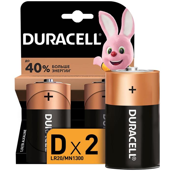 Батарейка алкалиновая Duracell Basic, D, LR20-2BL, 1.5В, блистер, 2 шт. - Фото 1