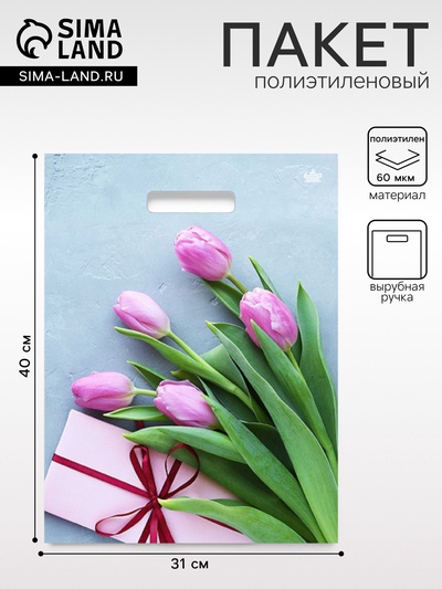 Пакет «Тюльпаны в подарок», полиэтиленовый, с вырубной ручкой, 31×40 см, 60 мкм