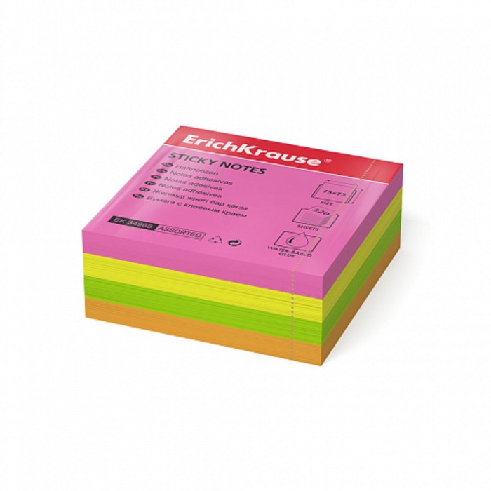 Бумага для заметок с клеевым краем ErichKrause Neon, 75 х 75 мм, 320 ...