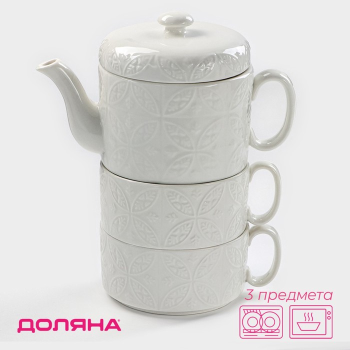 Набор фарфоровый чайный Доляна «Эстет. Орнамент», 3 предмета: чайник 400 мл, 2 кружки 280 мл, цвет белый - Фото 1