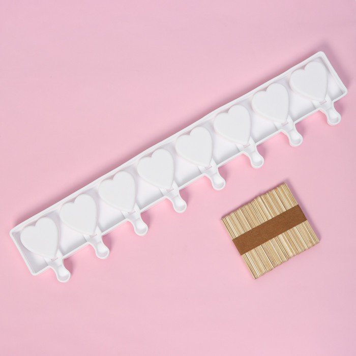 Форма для мороженого Доляна «Сердца. Макси», силикон, 49×6,5×2 см, 8 ячеек, палочки 50 шт, цвет белый - Фото 1