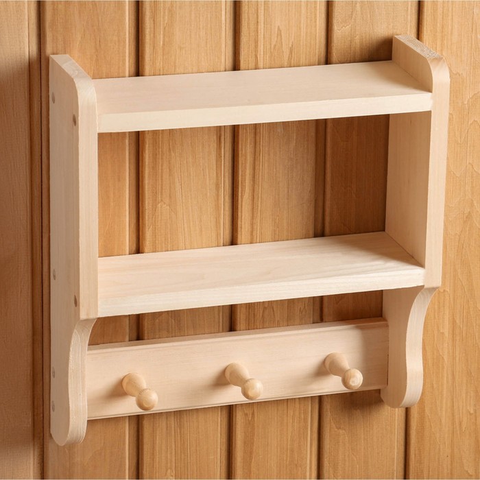 Полка - вешалка для бани и сауны, 33.5×10×35 см, липа, настенная, 3 крючка, «Добропаровъ» - Фото 1