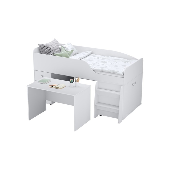 Кровать - чердак детская Polini kids Simple 4500, с рабочей зоной, 2038×1103×1166 мм, цвет белый - Фото 1