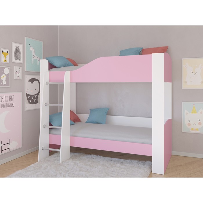 Детская двухъярусная кровать «Астра 2», без ящика, цвет белый / розовый - фото 1908829025