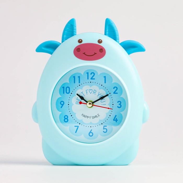 Часы - будильник настольные "Голубой бычок" детские, дискретный ход, d-8 см, 12 х 18 см, АА - Фото 1