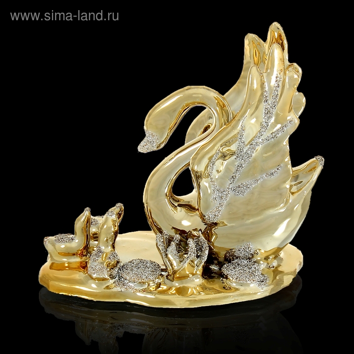 Сувенир керамика под золото "Лебедь с детками в пруду" 9х10х6,5 см - Фото 1