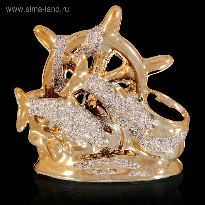Сувенир керамика под золото с карандашницей "Дельфины со штурвалом" 11,5х12х6 см - Фото 1