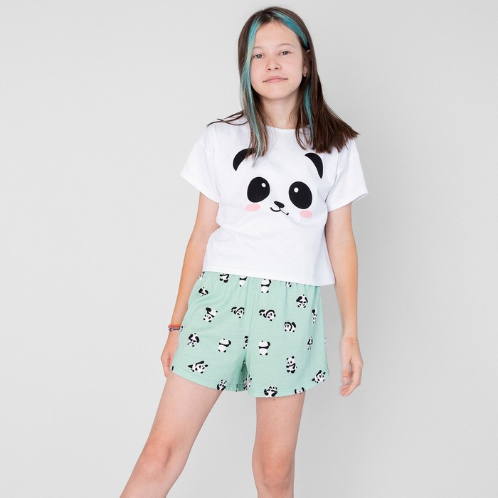 Пижама футболка и шорты «Симпл-димпл» для девочки, рост 134 см, цвет белый/ментоловый