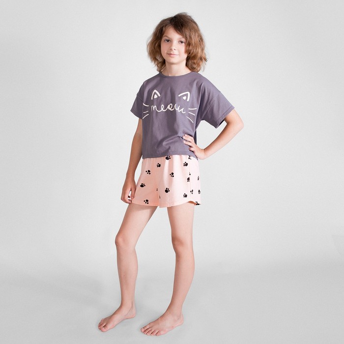 Пижама футболка и шорты «Симпл-димпл» для девочки, рост 140 см., цвет графит/персиковый