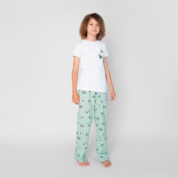 Пижама футболка и брюки «Симпл-димпл» для девочки, рост 140 см., цвет белый/ментоловый