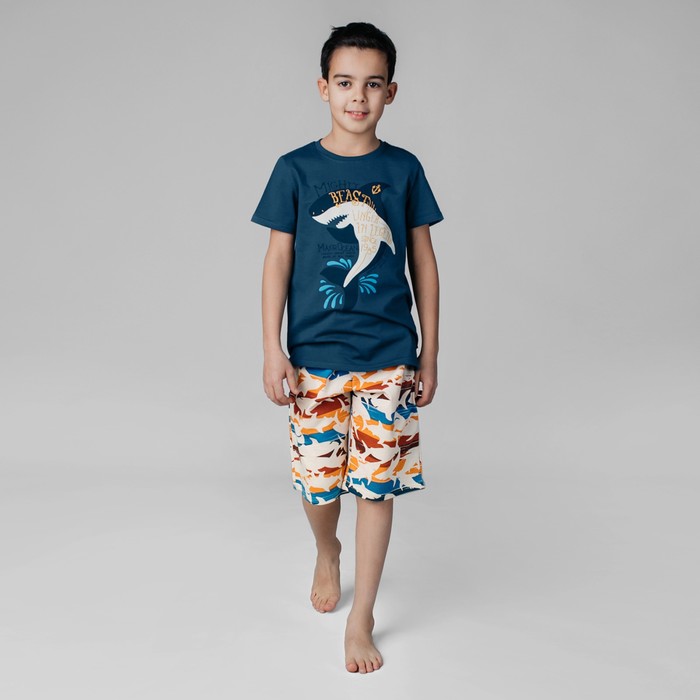 Пижама футболка и шорты «Симпл-димпл» для мальчика, рост 140 см., цвет темно-синий/бежевый