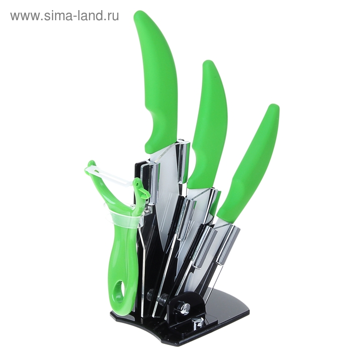 Набор кухонный на подставке, 4 предмета: 3 ножа керамических, лезвие 7,5 см, 10 см, 12,5 см, овощечистка, цвет зелёный - Фото 1