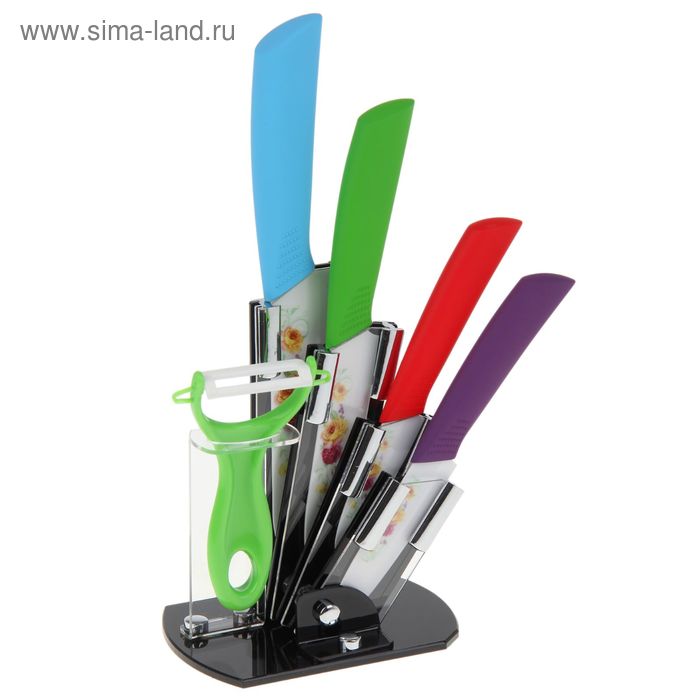Набор керамических ножей с овощечисткой «Декор», 4 шт: лезвие 7,5 см, 10 см, 13 см, 15 см, цвет МИКС - Фото 1