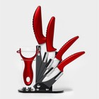 Набор кухонный на подставке «Изгиб», 5 предметов: 4 ножа, лезвие 7,5 см, 10 см, 13 см, 15 см, овощечистка, цвет красный - Фото 2