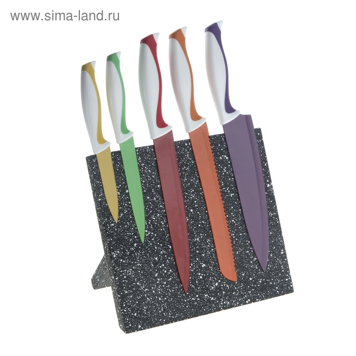 Набор ножей кухонных с антиналипающим покрытием «Радуга» на магнитной подставке, 5 шт: лезвие 9 см, 12,5 см, 20 см, 20 см, 20 см - Фото 1