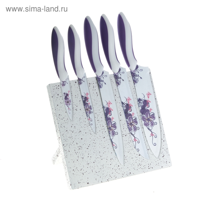 Набор ножей кухонных с антиналипающим покрытием «Фиалка» на магнитной подставке, 5 шт: лезвие 9 см, 12,5 см, 20 см, 20 см, 20 см - Фото 1