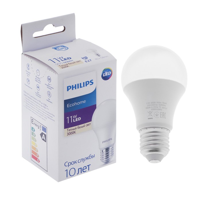 Лампа светодиодная Philips Ecohome Bulb 830, E27, 11 Вт, 3000 К, 900 Лм, груша