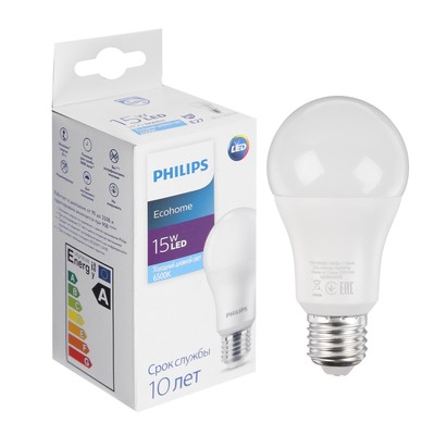 Лампа светодиодная Philips Ecohome Bulb 865, E27, 15 Вт, 6500 К, 1250 Лм, груша