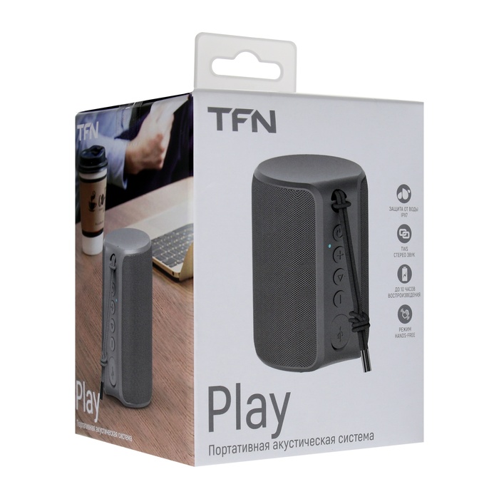 Портативная колонка TFN Play, 5 Вт, microUSB, IPX7, 1800 мАч, серая - фото 51543968