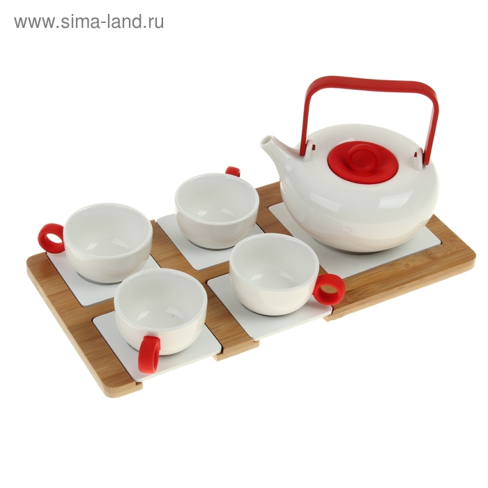 Сервиз чайный Red, 5 предметов на подставке: 4 чашки 100 мл, чайник 600 мл - Фото 1