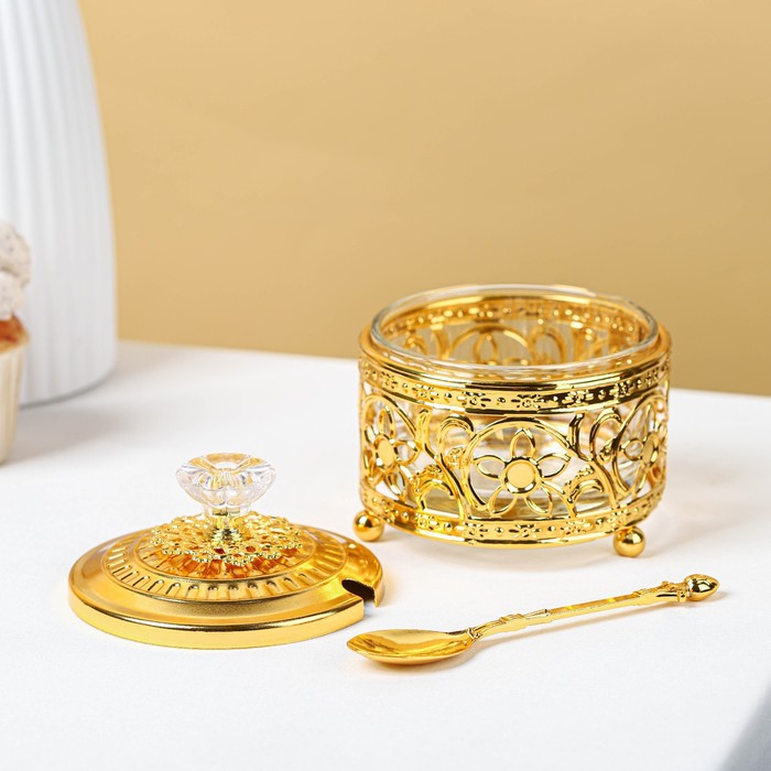 Сахарница «Дарина», 200 мл, 9×10 см, с ложкой, цвет золотой - фото 1905924088
