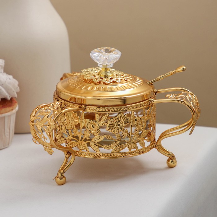 Сахарница «Котелок», 200 мл, 16×16.5×11 см, с ложкой, металл, золотистая - Фото 1