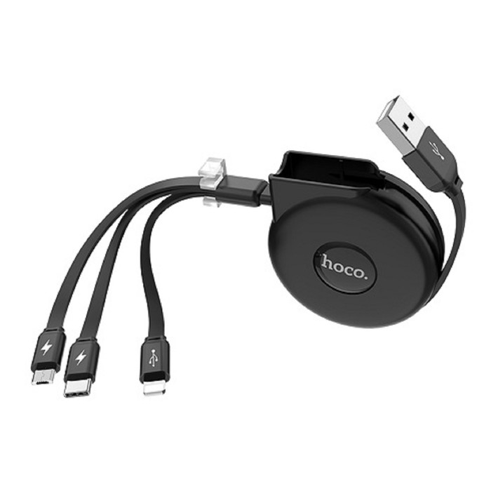 Кабель-рулетка Hoco U50, microUSB/Lightning/Type-C - USB, 2 А, 1 м, черный - фото 51454486