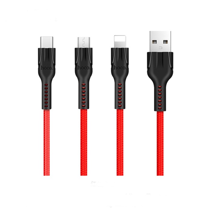 Кабель Hoco U31, microUSB/Lightning/Type-C - USB, 2.4 А, 1.2 м, красный - фото 51454492