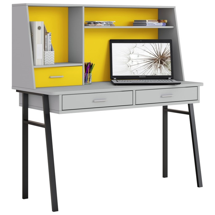 Стол письменный Polini kids Aviv 1455, с надстройкой и ящиками, цвет серый/серый-желтый - Фото 1