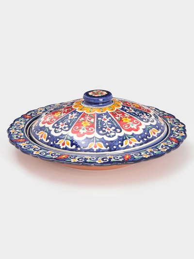 Блинница узбекская Риштанская Керамика «Цветы», d=37 см, керамика, синяя