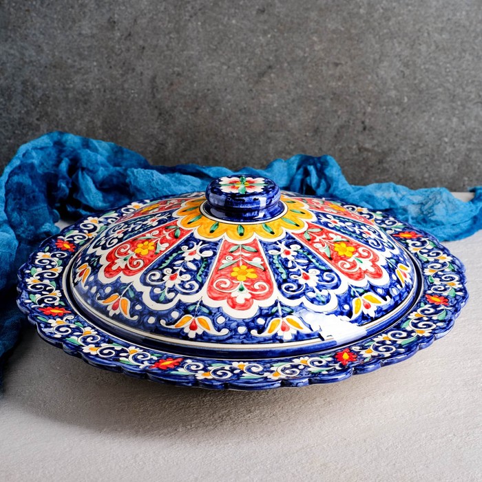 Блинница Риштанская Керамика "Цветы", 37 см, синий