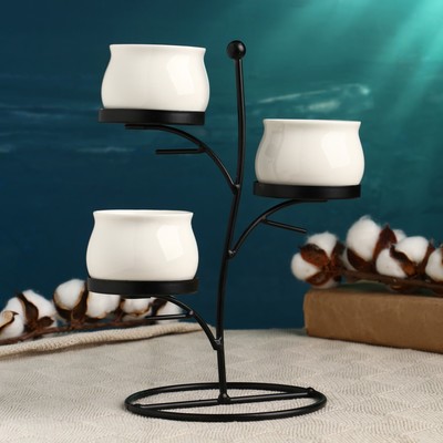 Набор горшков для цветов «Дерево», 3 шт., 170 мл, 24×15×21 см, керамика, белые, на чёрной металлической подставке