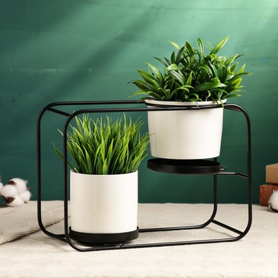 Набор горшков для цветов, 2 шт., 420 / 500 мл, 27×12×19 см, керамика, белые, на чёрной металлической подставке