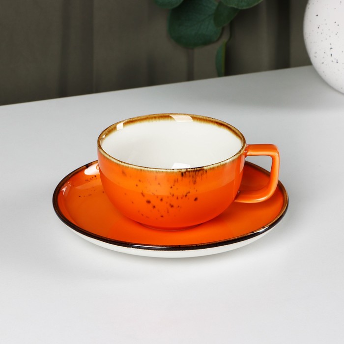 Чайная пара фарфоровая Magistro «Церера», 2 предмета: чашка 250 мл, блюдце d=16,3 см, цвет оранжевый - Фото 1