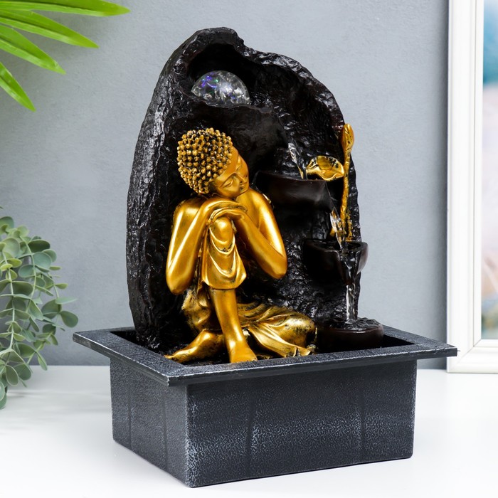 Фонтан настольный от сети "Будда у скалы с фонтаном" золото 35х25х20 см - фото 1926351146