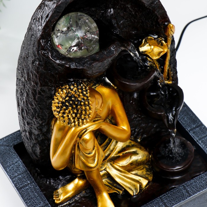 Фонтан настольный от сети "Будда у скалы с фонтаном" золото 35х25х20 см - фото 1926351149