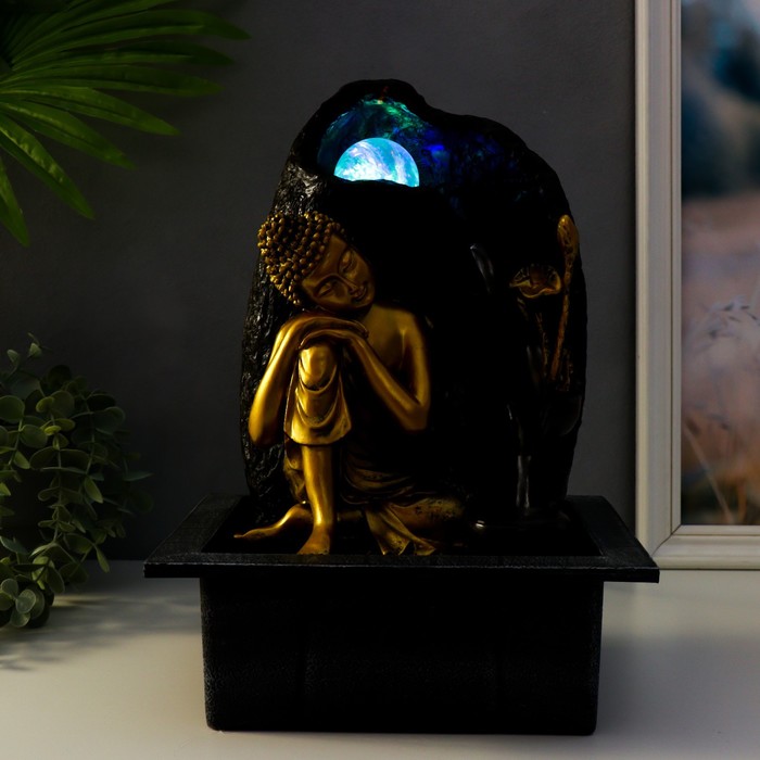 Фонтан настольный от сети "Будда у скалы с фонтаном" золото 35х25х20 см - фото 1926351151