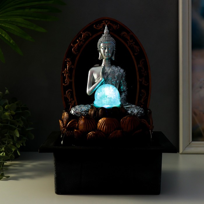 Фонтан настольный от сети, подсветка "Будда в арке у лотоса" серебро 35х25х20 см - фото 1883829330