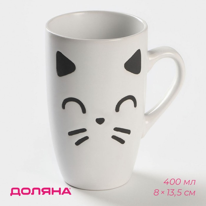 Кружка Доляна «Кот белый», 400 мл, керамика, белая - Фото 1