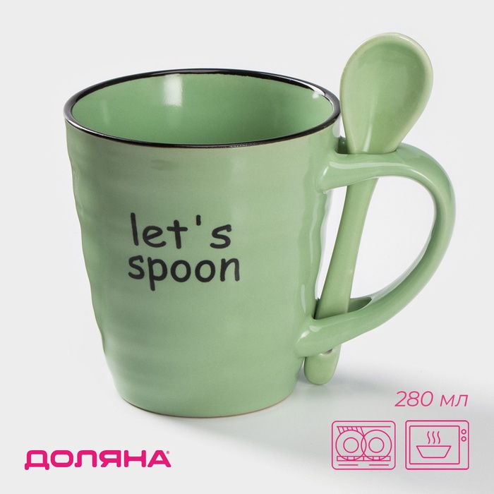 Кружка Доляна «Ноель», 280 мл, с ложкой, керамика, зелёная - Фото 1