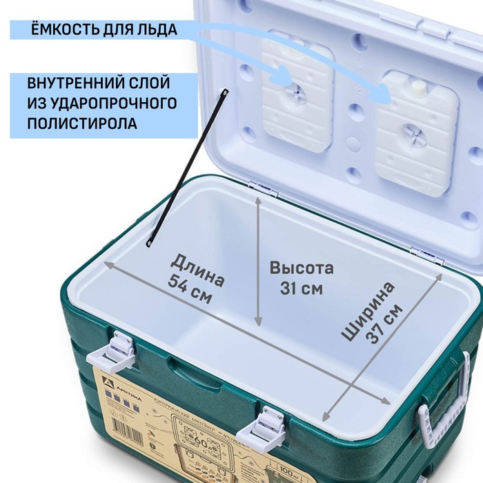 Термоконтейнер "Арктика", 60 л,64 х 43.5 х 40 см, 2 ёмкости для льда, зеленый - фото 1908835747
