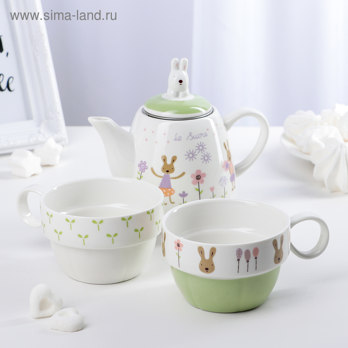 Сервиз чайный "Зайчата", 3 предмета: 2 кружки 230 мл, чайник 400 мл, цвета МИКС - Фото 1