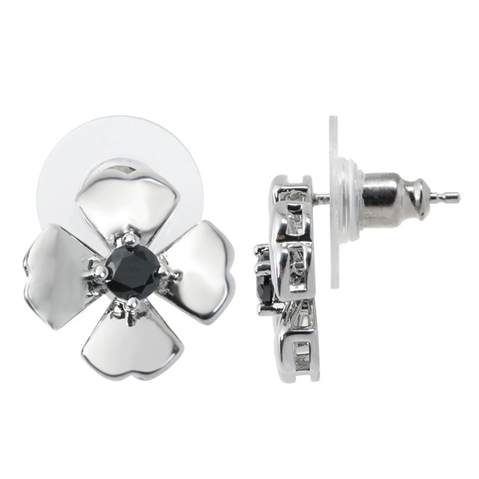 Серьги с черным фианитом "Клевер 4 листа", родирование - Фото 1