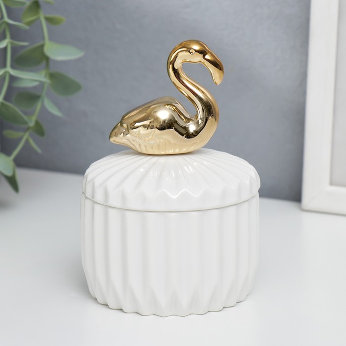 Шкатулка керамика "Золотой фламинго" белый рельеф 12х8,2х8,2 см - Фото 1