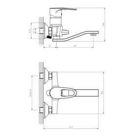 

Смеситель для ванны DECOROOM DR70044, двухвентильный, излив 167 мм, лейка, хром