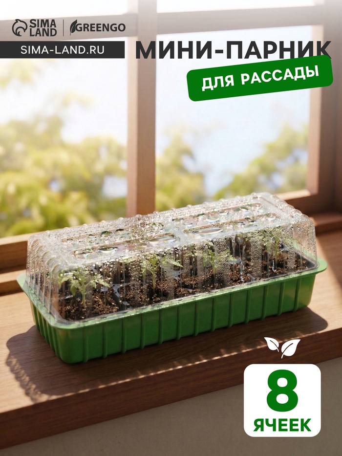 Мини-парник для рассады, 40×16×13 см, 2 вставки, 8 ячеек, зелёный, Greengo